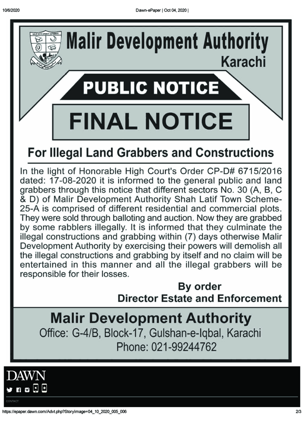 Final Notice For Illegal Land Grabbers And Construction