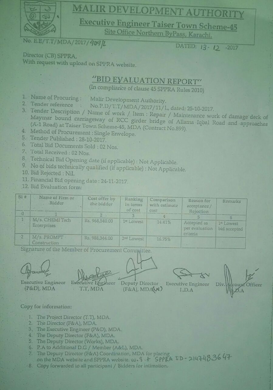 •Bid Evaluation Report For Maintenance Work Of Damage Deck Of Maymar Bound Carriageway Of RCC Girder Bridge Of Allama Iqbal Road And Approaches (A-1 Road) At Taiser Town Scheme-45, MDA(Contract No.899