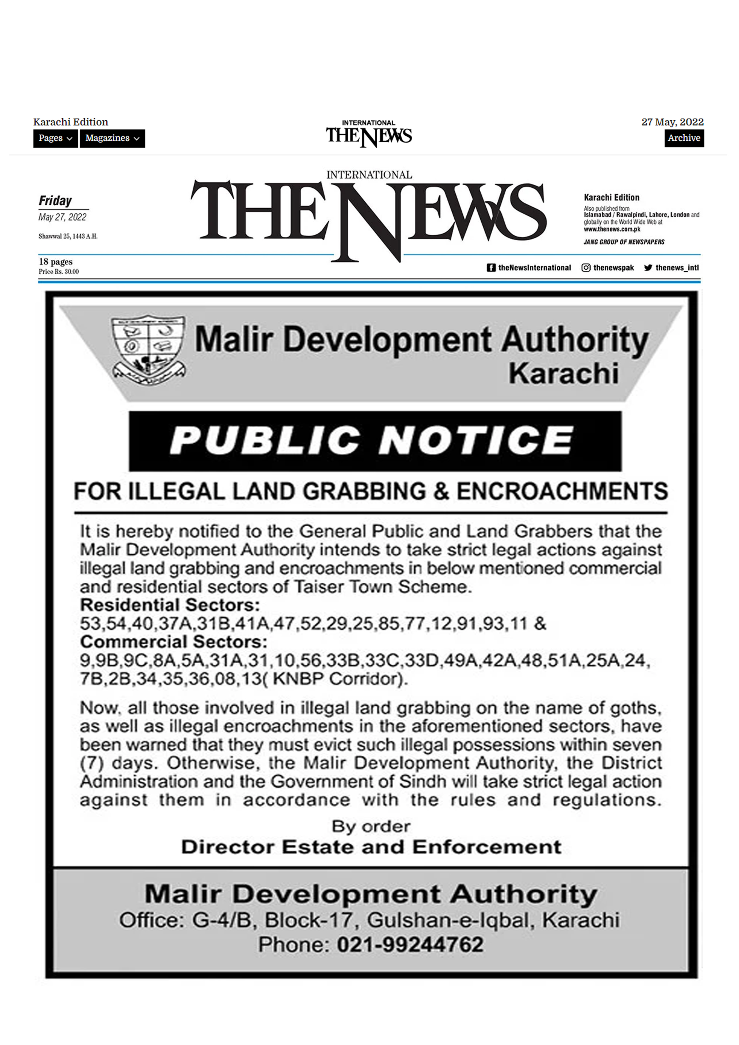 Public Notice For Illegal Land Grabbing & Encroachments